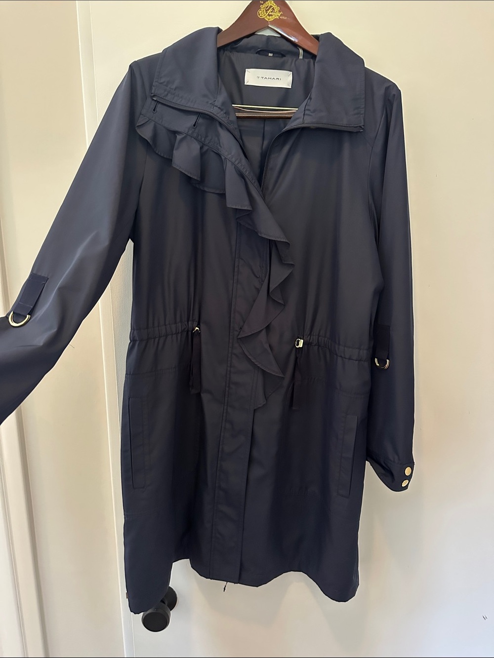 Tahari Navy Ruffle-Front Trench Coat